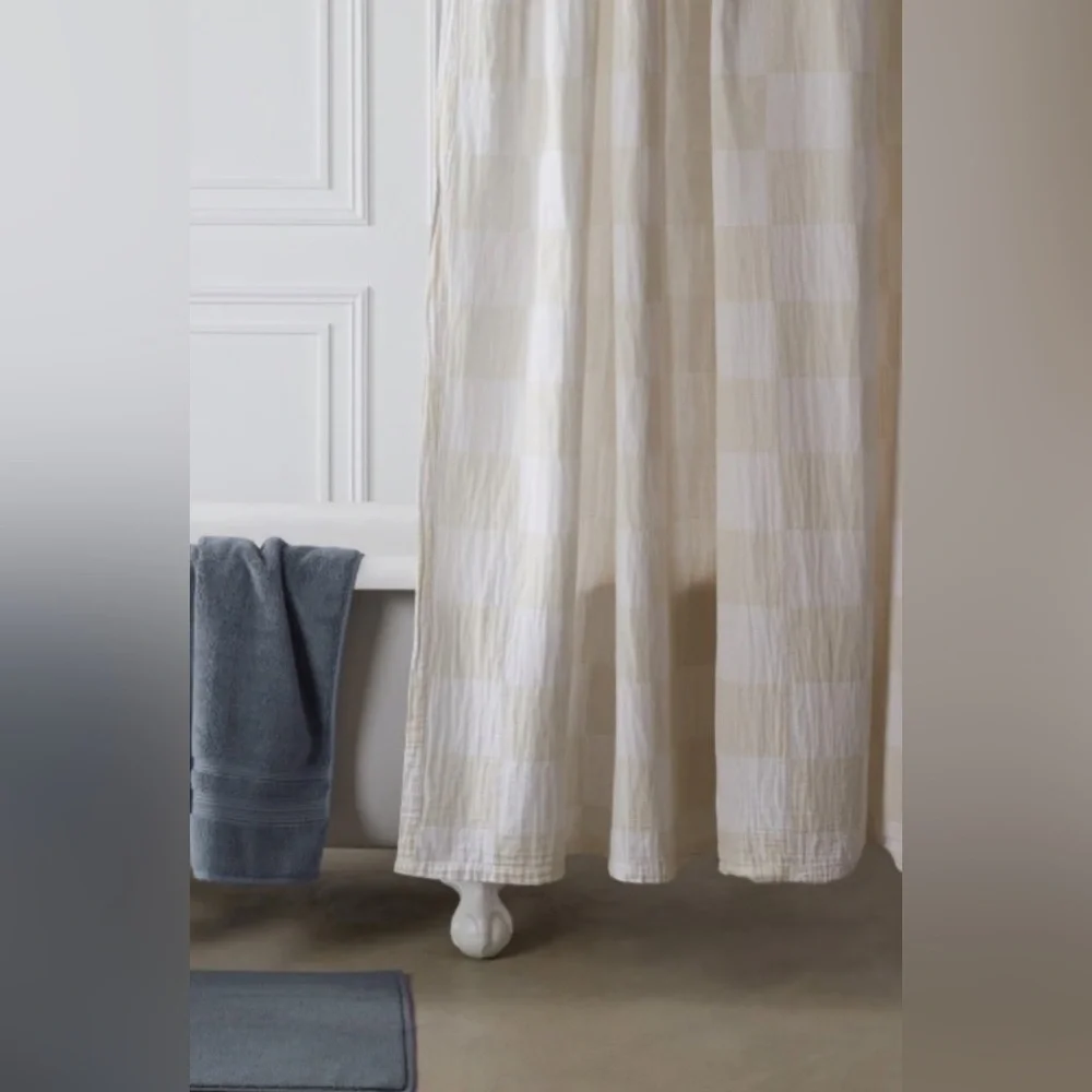 Parachute Checkered Guaze Shower Curtain and Brass Hooks